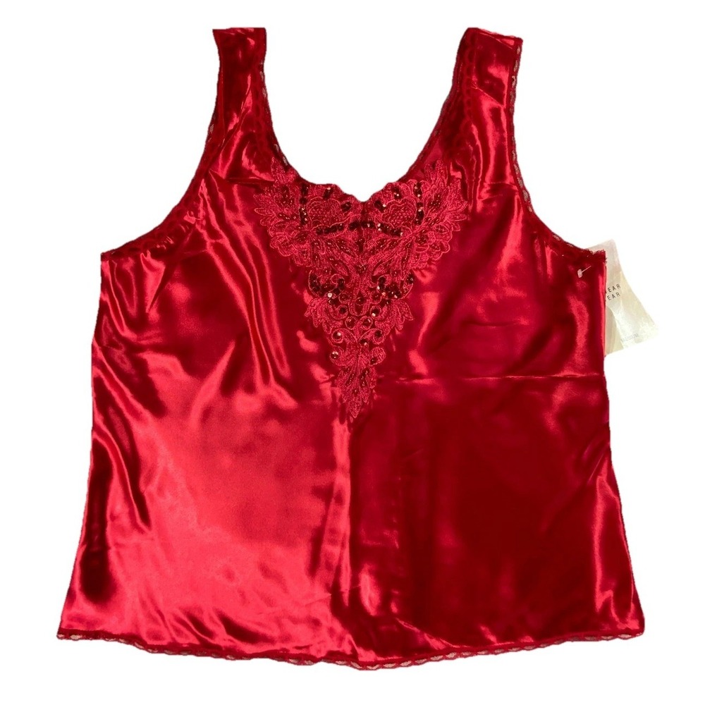 Cliche Camisole Top Womens Medium Red Satin Lace‎ Beaded Daywear Sleepwear NEW